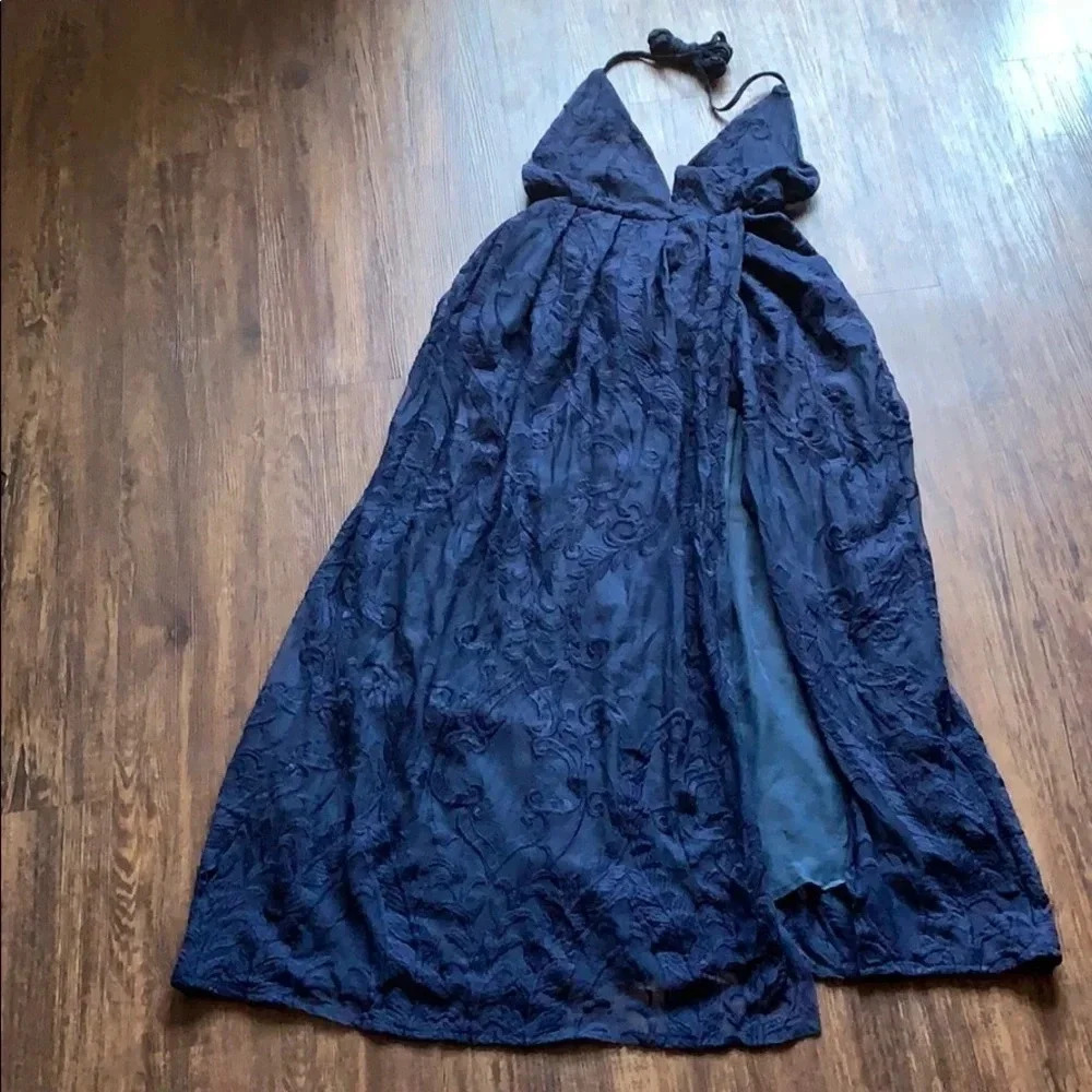 Navy Blue Brocade Halter Maxi Wrap Dress